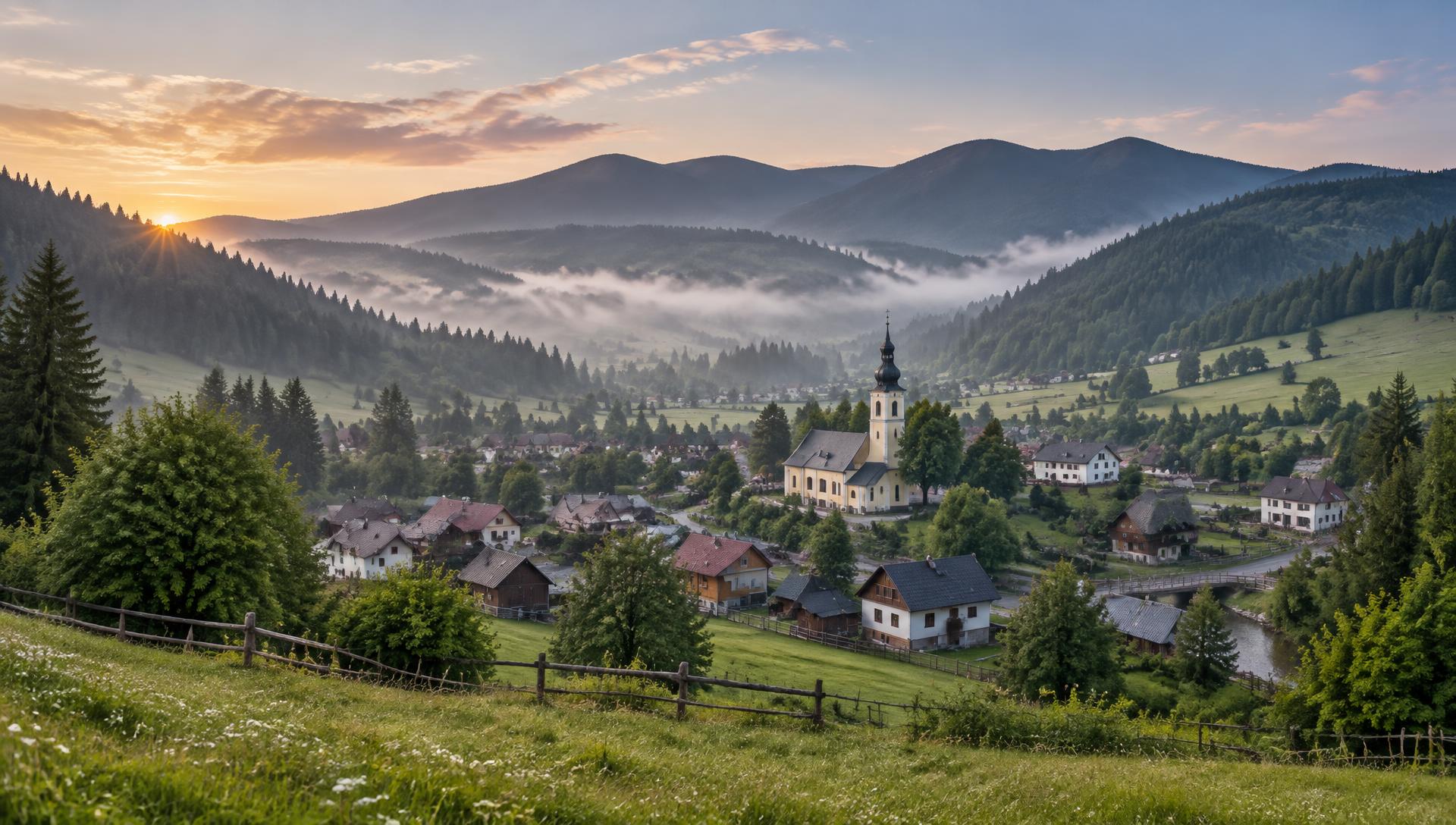 Panoráma obce Vernár v ranom svetle s horami v pozadí